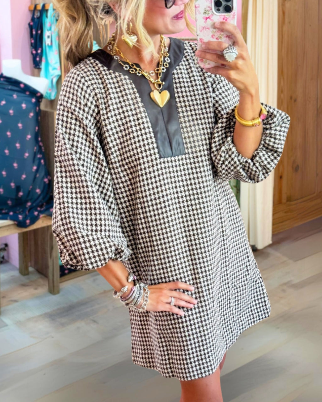 Faux Leather-Trimmed Houndstooth Dress