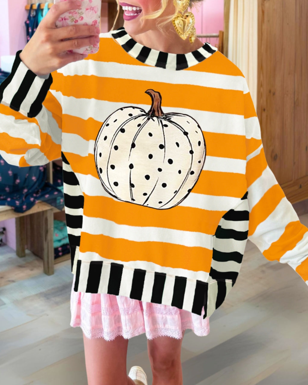 Fun Pumpkin Print Striped Pullover