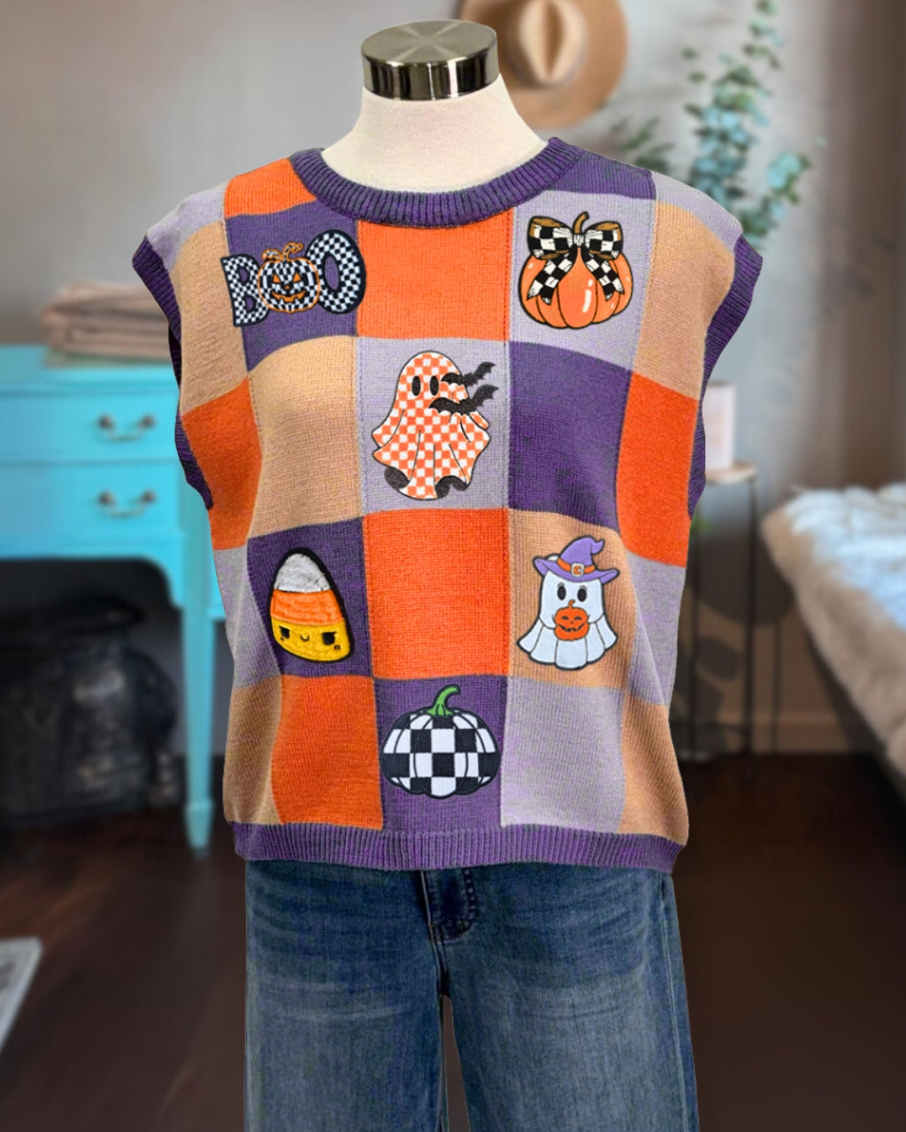 Halloween Checkered Ghost Pumpkin Embroidered Vest