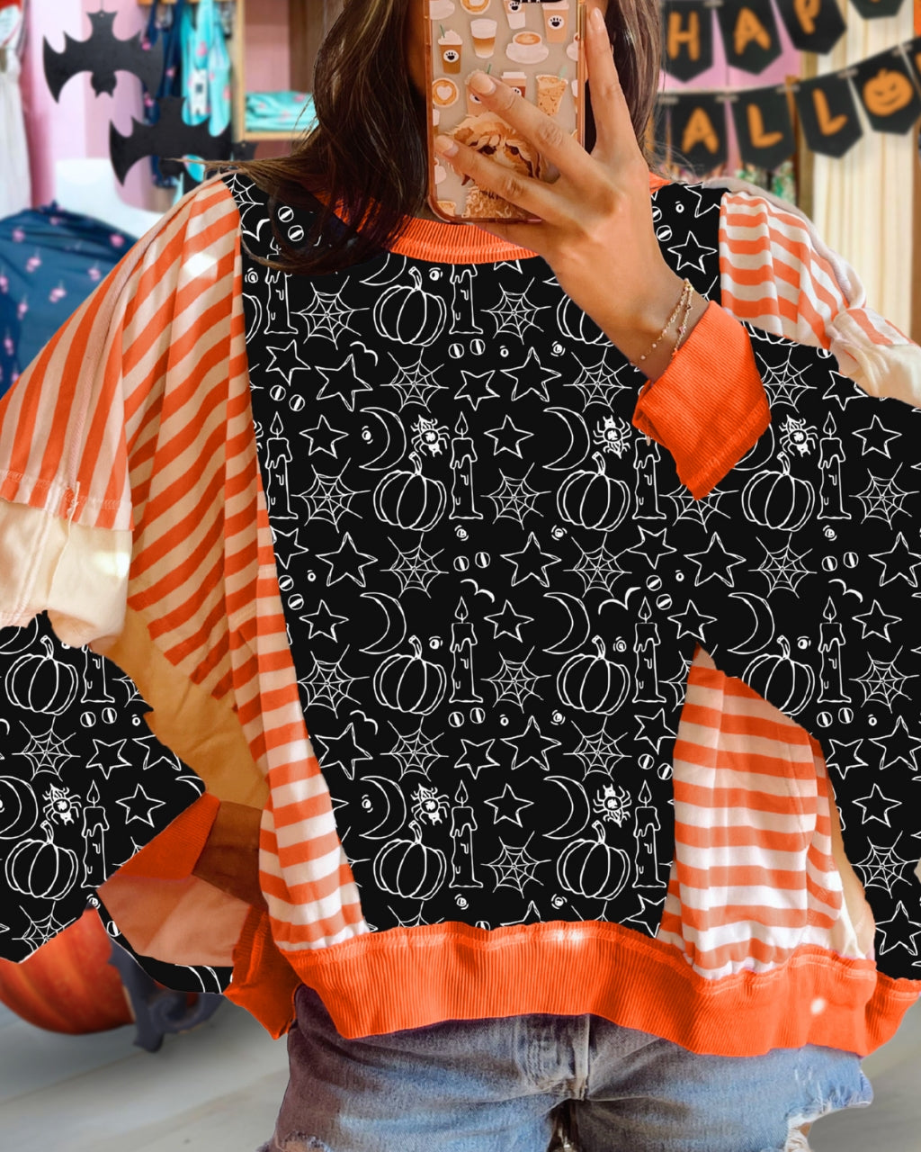 Halloween Line Art Patchwork Pullover