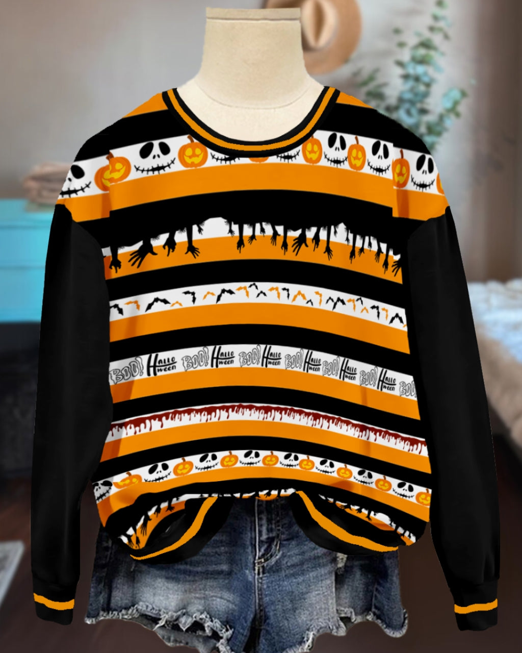 Halloween Fun Striped Graphic Sweatshirt