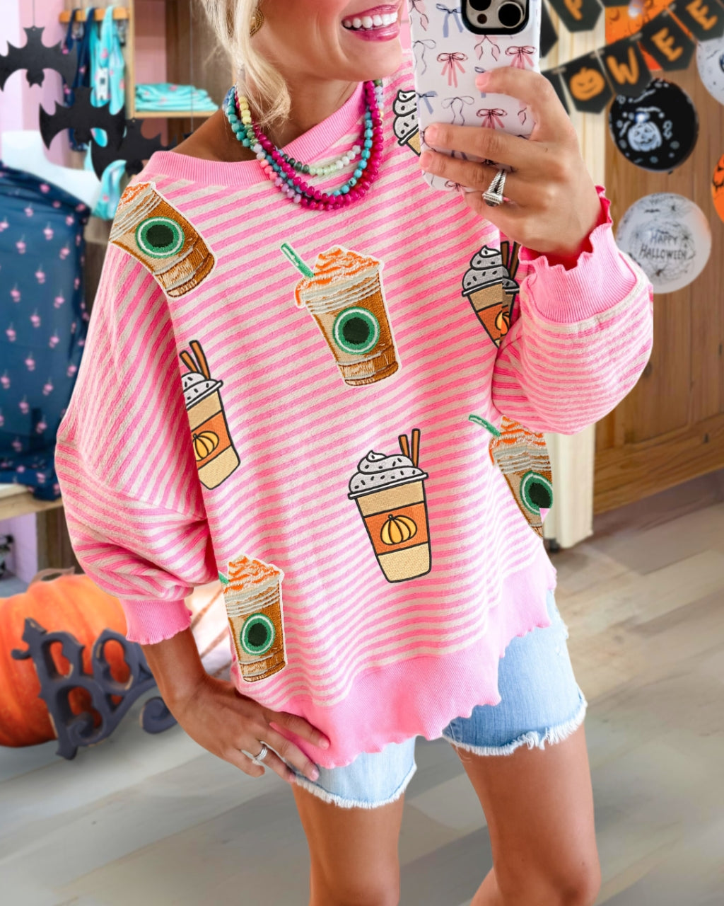 Sequin Pumpkin Latte Striped Pullover