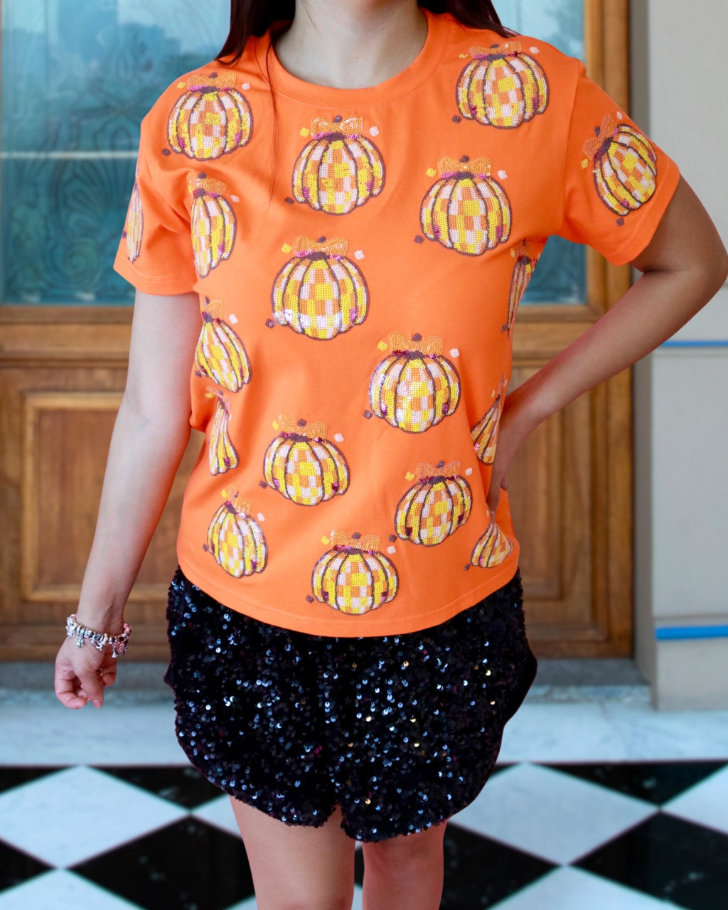Shiny Pumpkin Sequin Party Tee