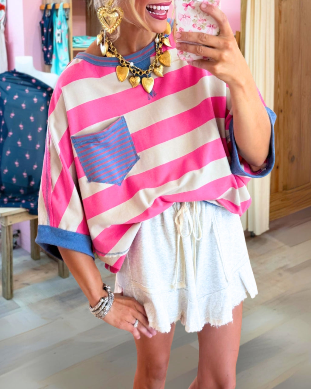 Stripe Pocket Relaxed Tee in Pink