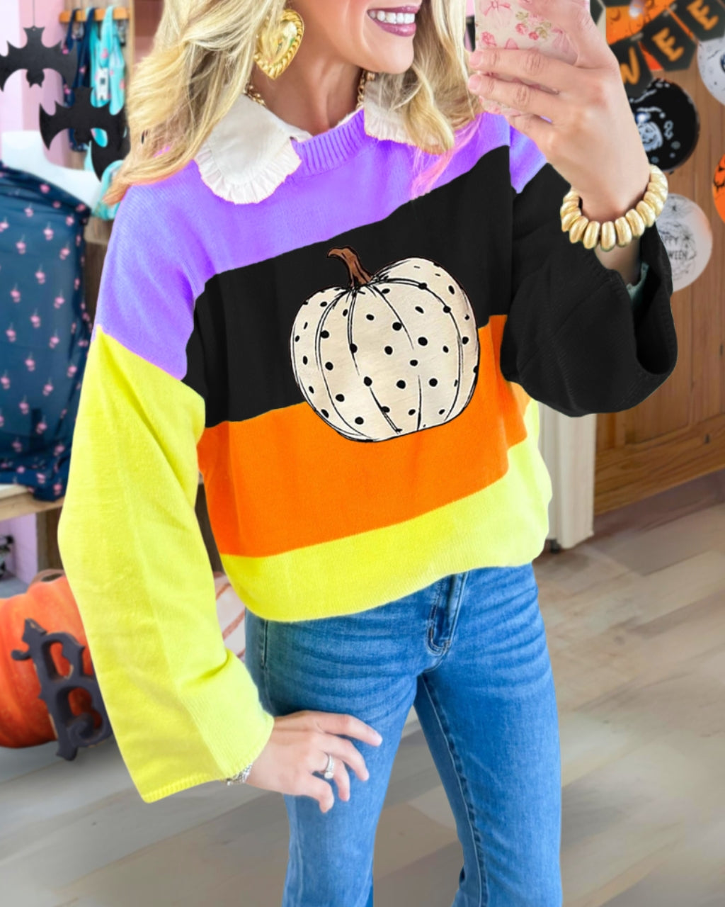 Fun Halloween Pumpkin Art Striped Sweatshirt
