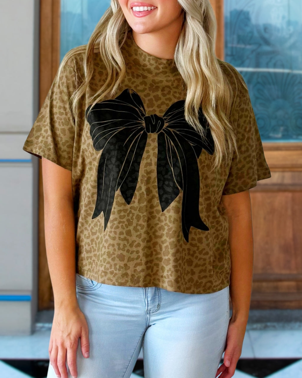 Bow+Leopard Print Tee