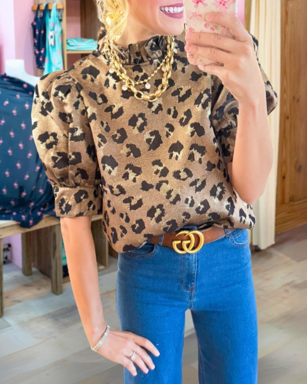 Trendy Leopard Ruffle Neck Top