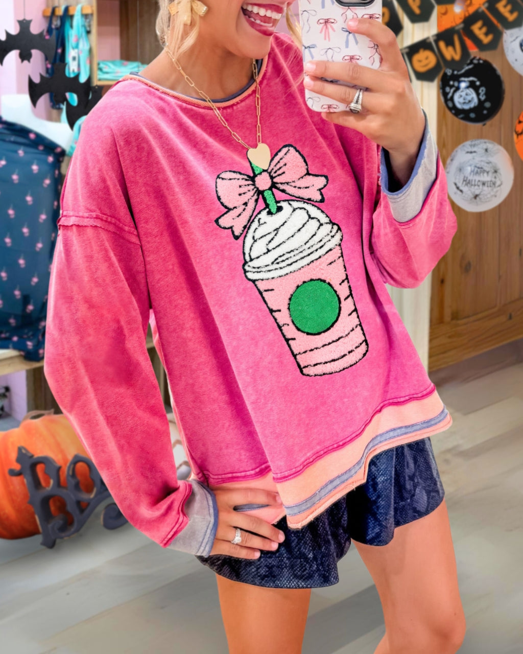 Harvest Season PSL Embroidered Bow Latte Washed Pullover
