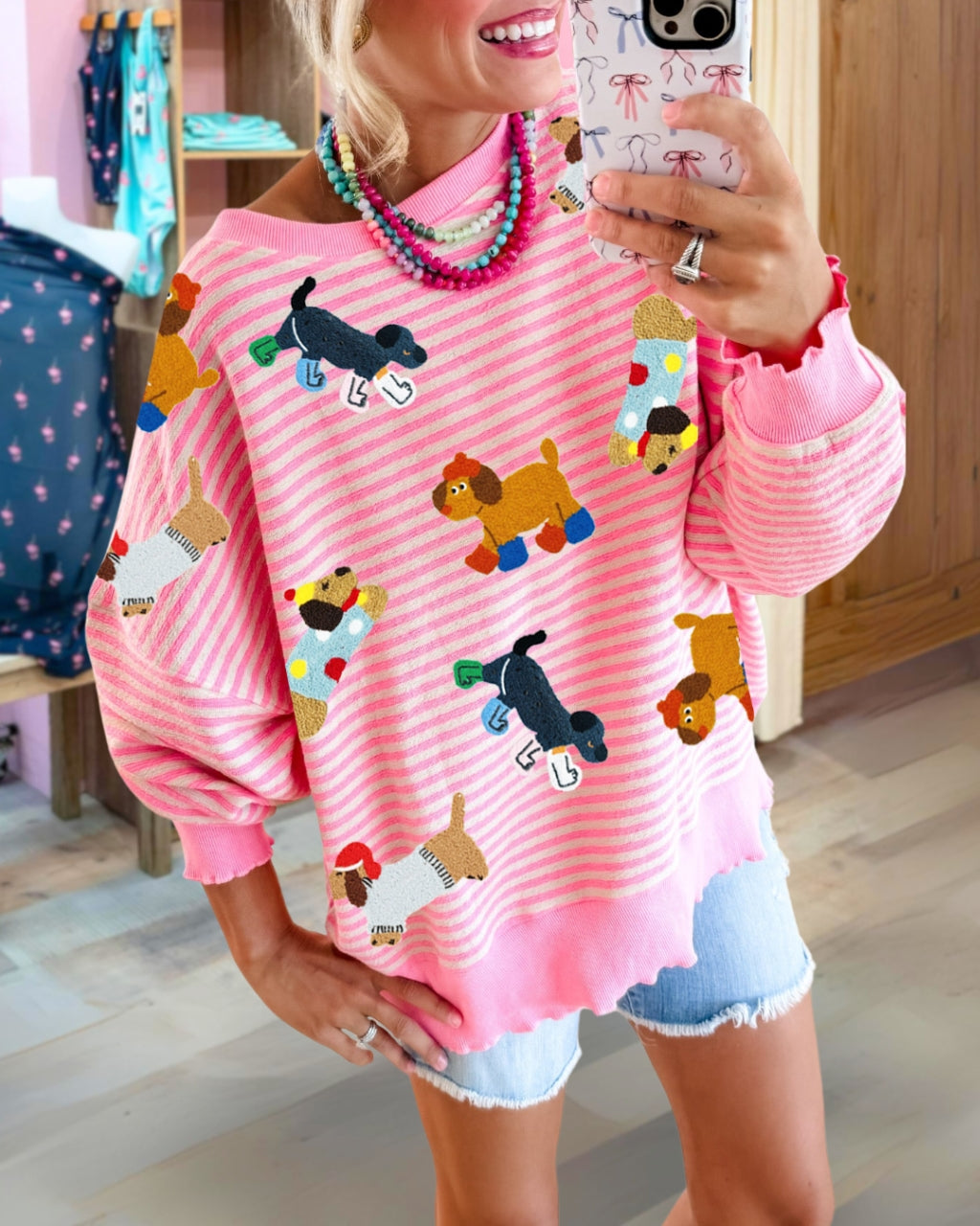 Sequin Puppy Striped Sweatshirt