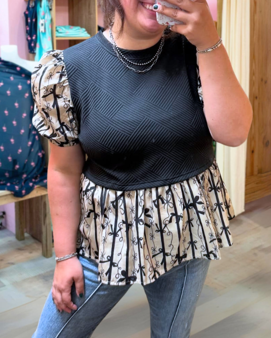 Textured Patchwork Bow Print Top