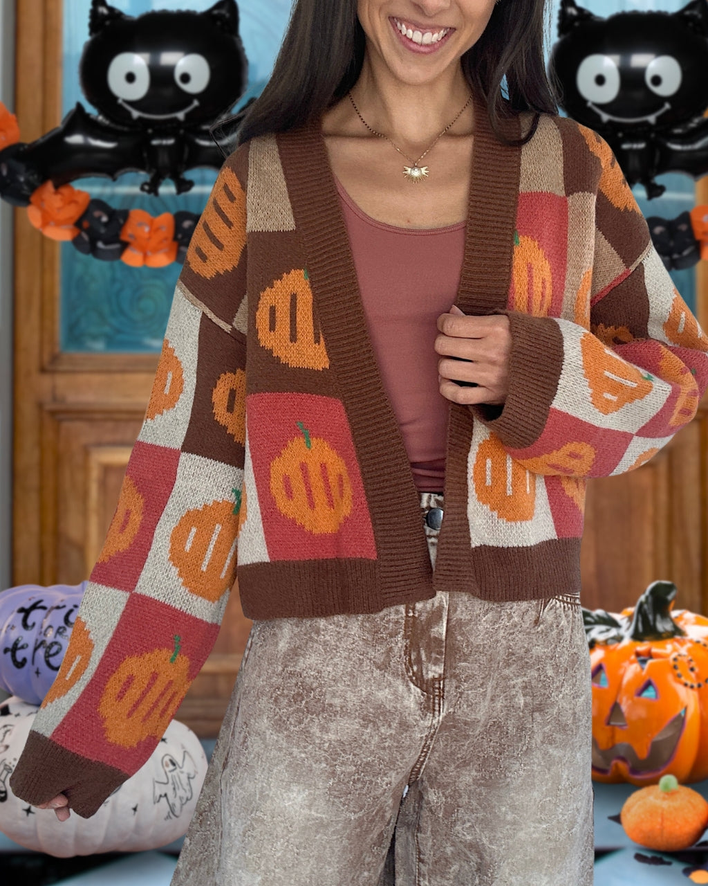 Playful Pumpkin Checkered Cardigan