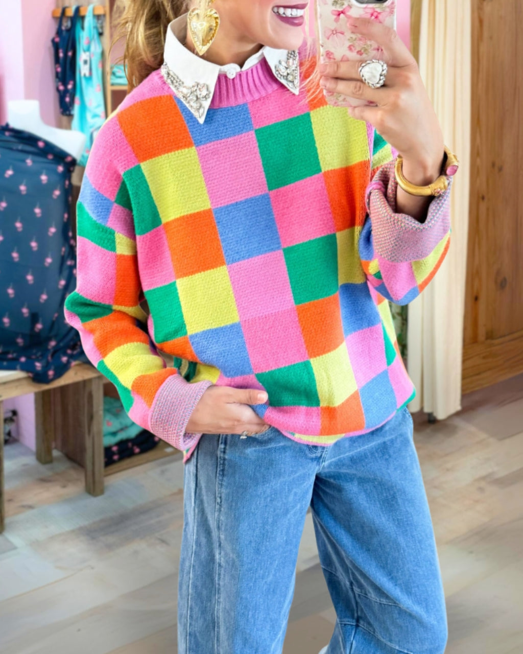 Playful Checkered Mock Neck Sweater