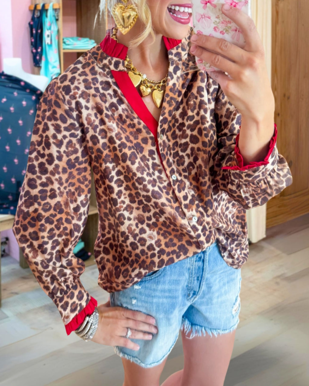 Leopard Contrast Button Frill Shirt