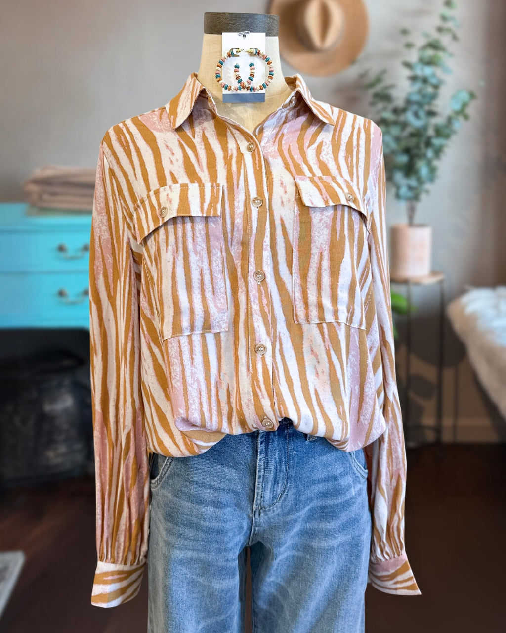 Tiger Print Button Down Shirt