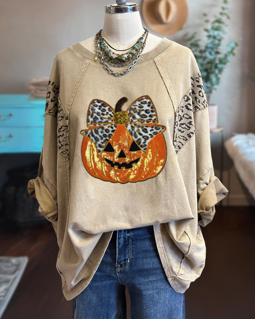 Pumpkin Leopard Sequin Sweatshirt