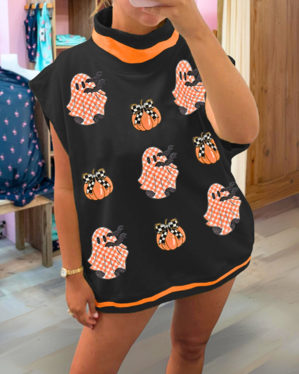 Playful Ghost Pumpkin Sequins Top