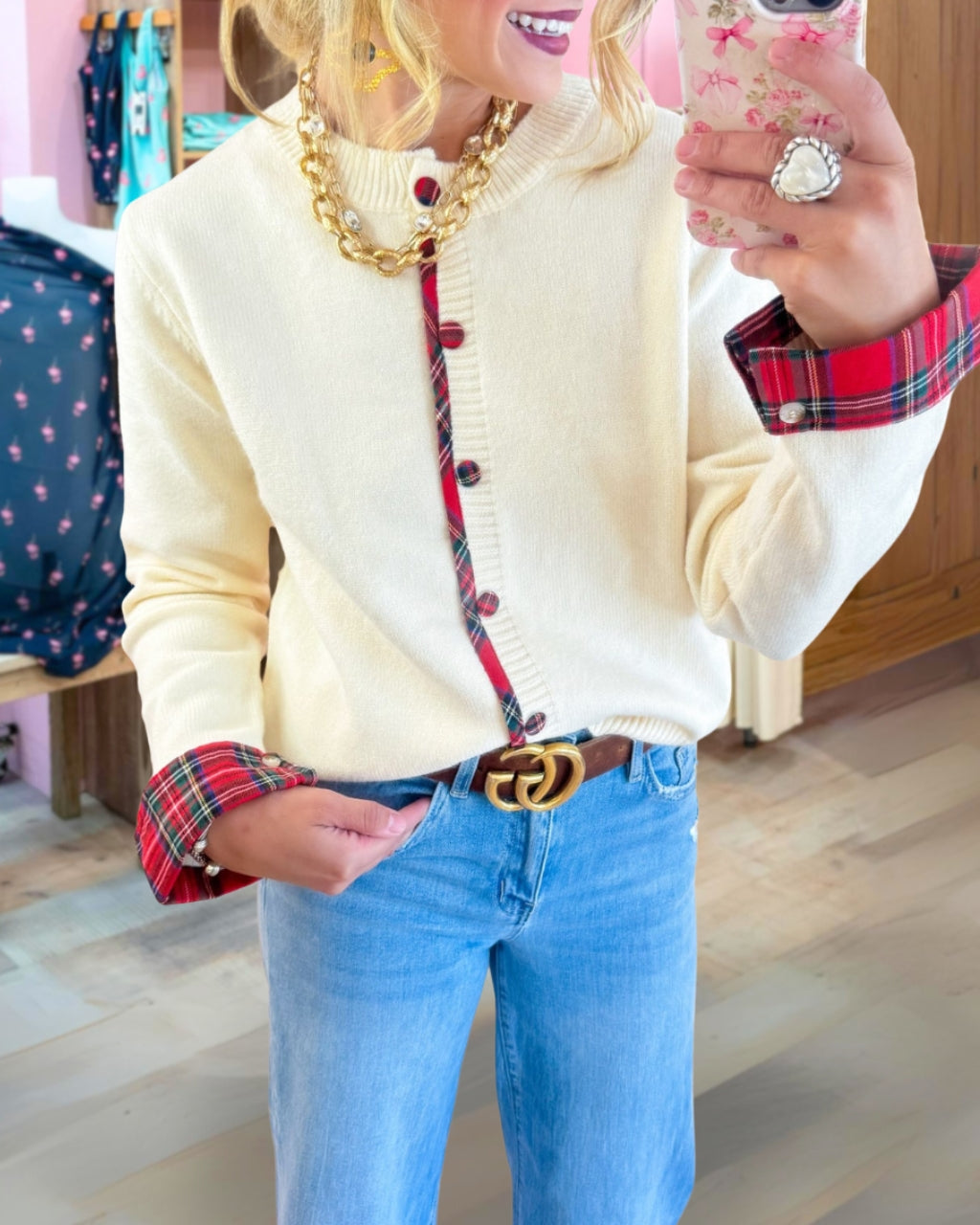 Whimsical Plaid Trimmed Button Cardigan