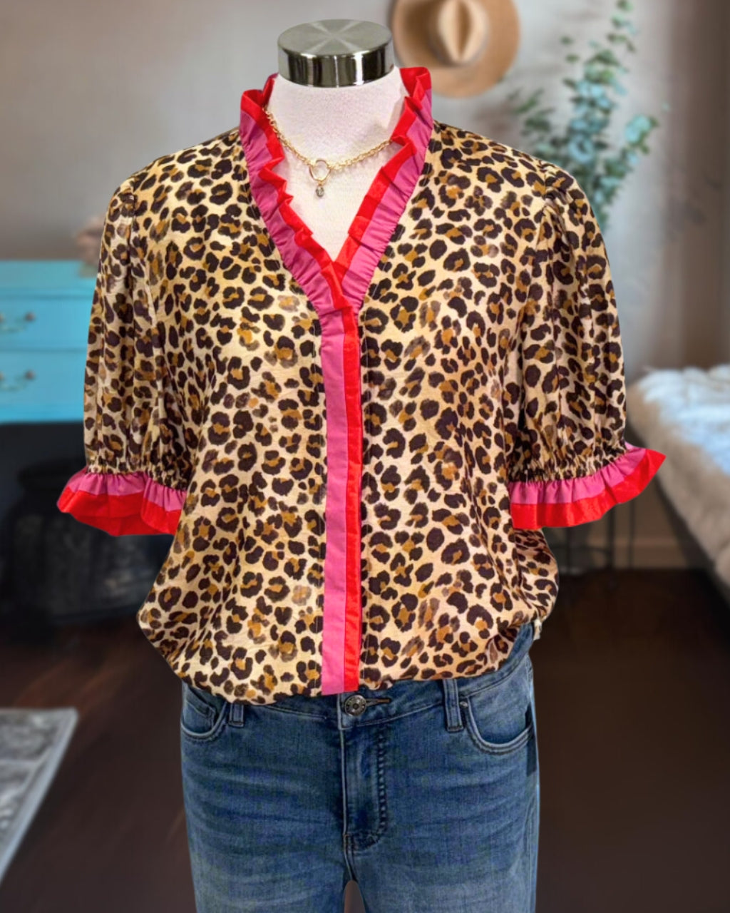 Satin Trim Leopard Ruffle Top