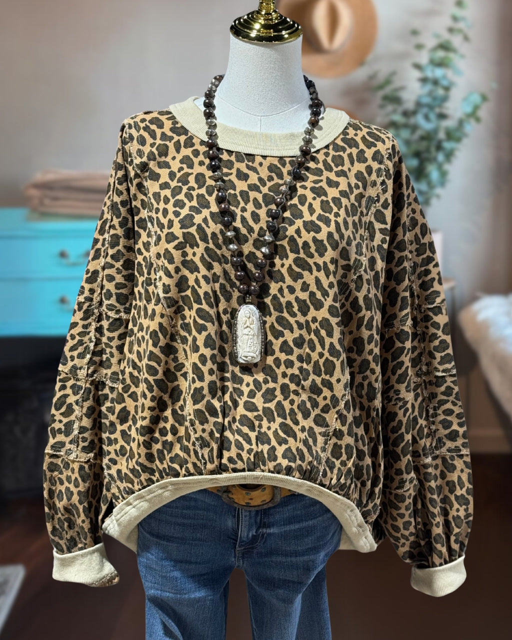 Contrast Stitched Leopard Print Pullover