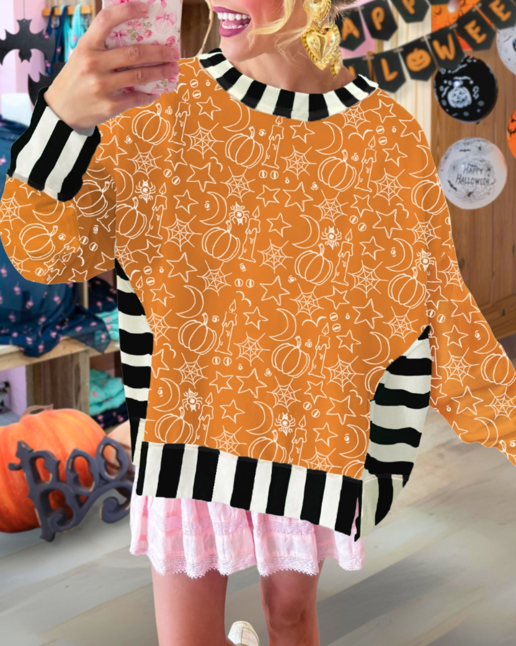 Playful Halloween Sketch Striped Pullover