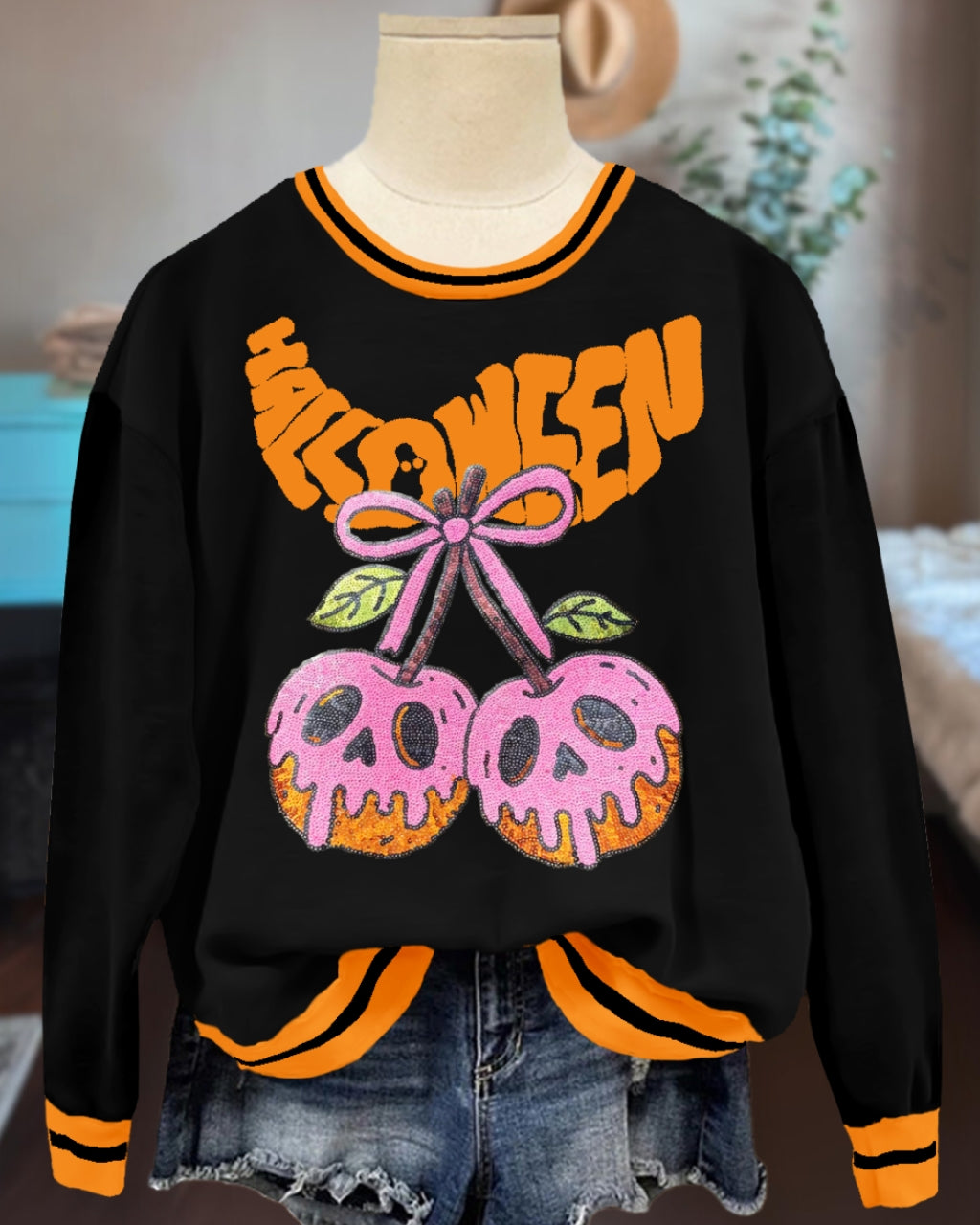 Fun Sequin Halloween Poison Cherry Sweatshirt