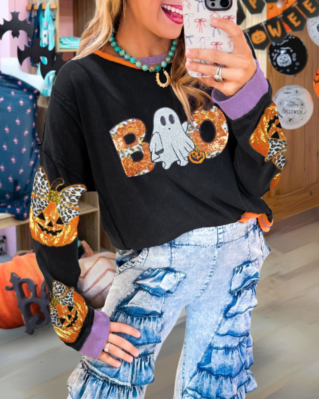 Cute Halloween Boo Ghost Leopard Sequin Pullover