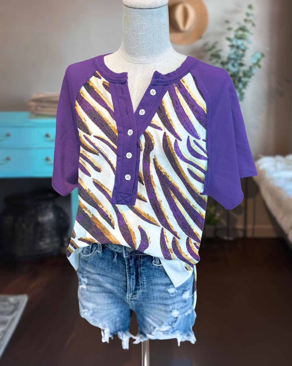 LSU Tigers Sequin Henley Tee