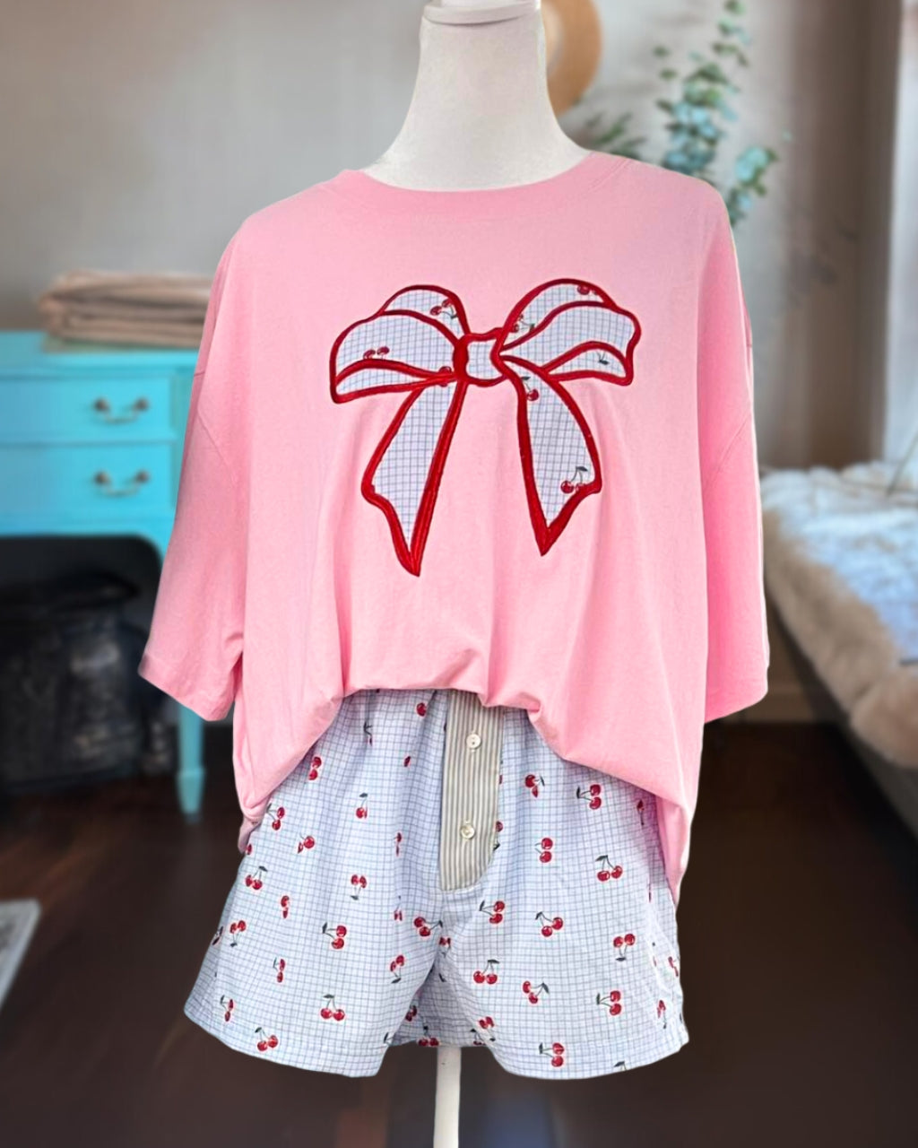 Embroidered Bow Cherry Top