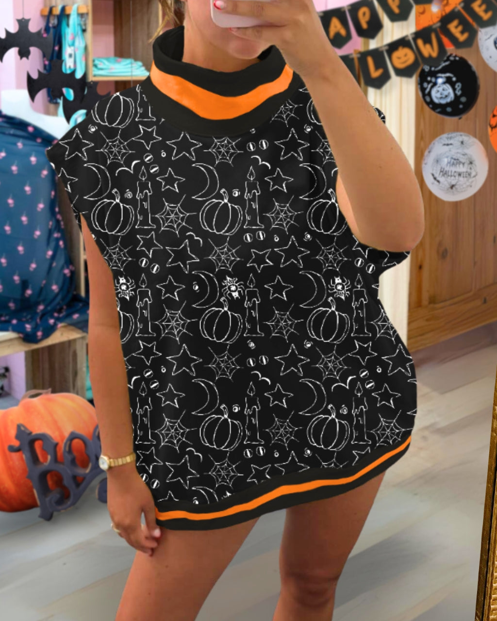 Halloween Line Art Mock Neck Top