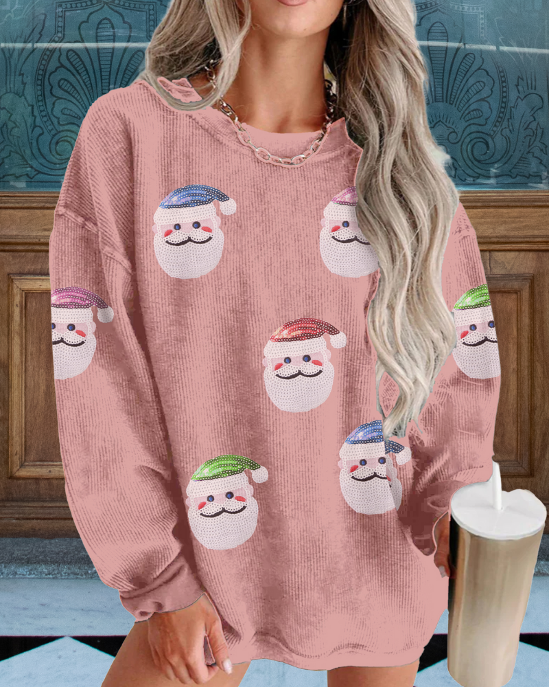 Playful Santa Claus Sequin Ribbed Sweatshirt