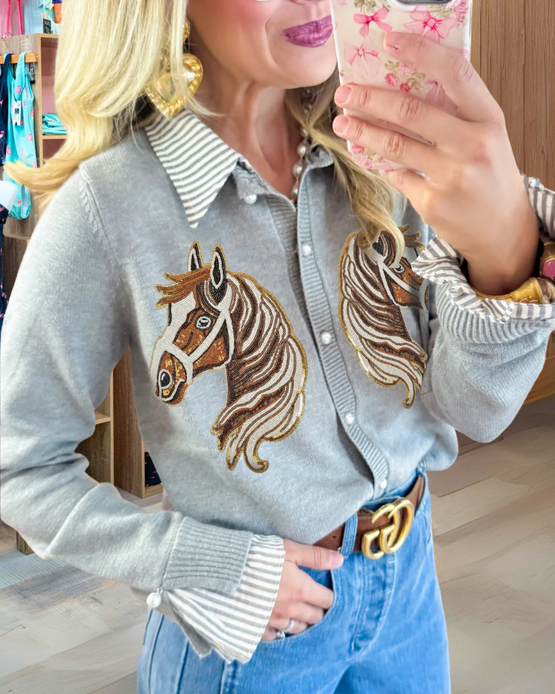 Trendy Horse Sequined Knitted Cardigan