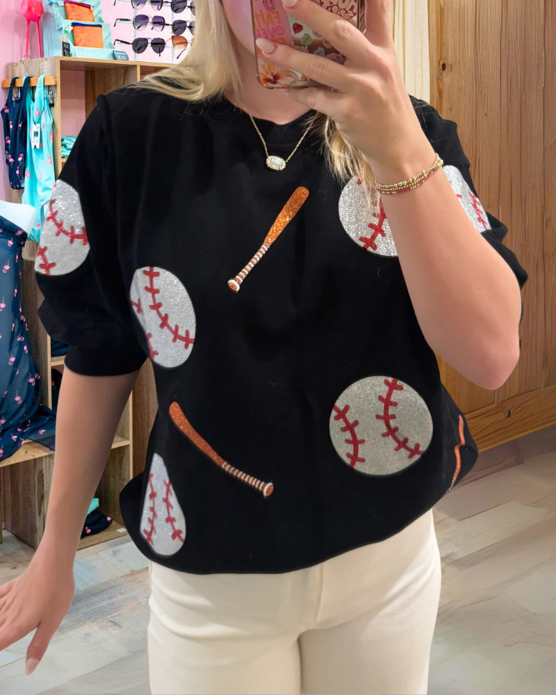 Baseball Sequin Crew Neck Top