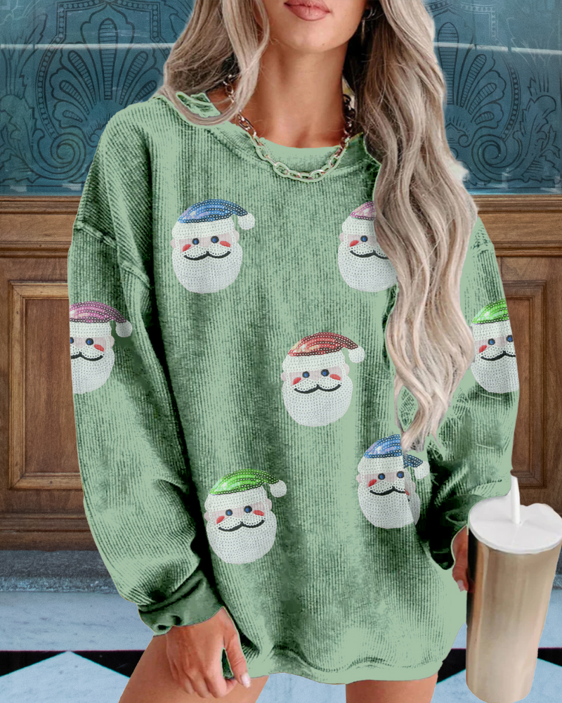 Playful Santa Claus Sequin Ribbed Sweatshirt