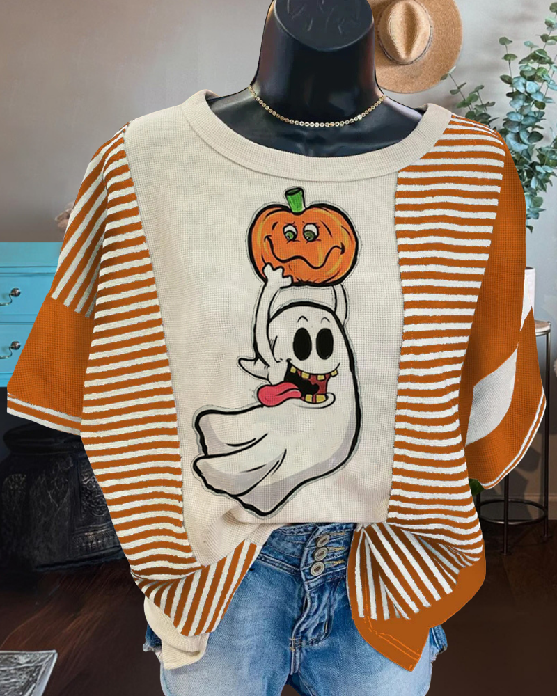 Playful Pumpkin Ghost Striped T-shirt