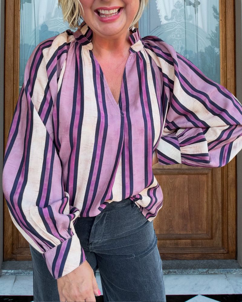 Fashion Striped Satin V-Neck Top