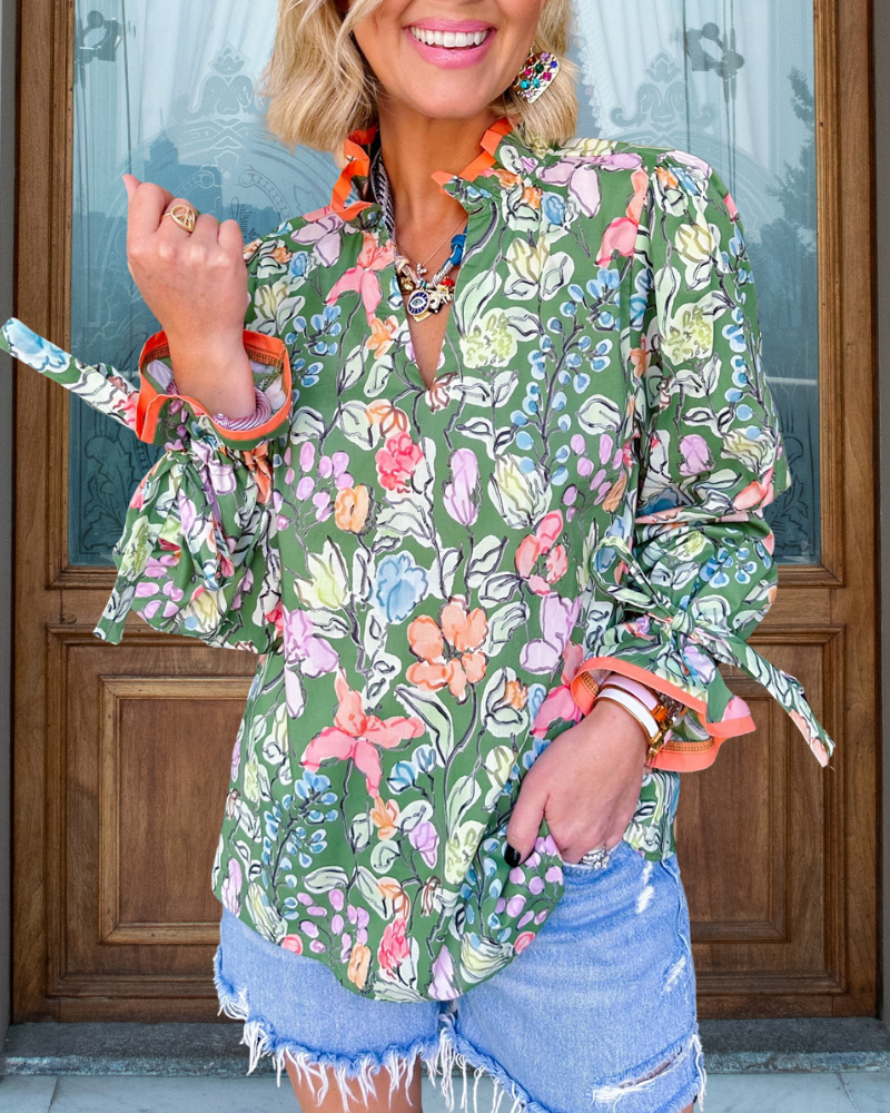 Charming Floral Ruffle Satin Top