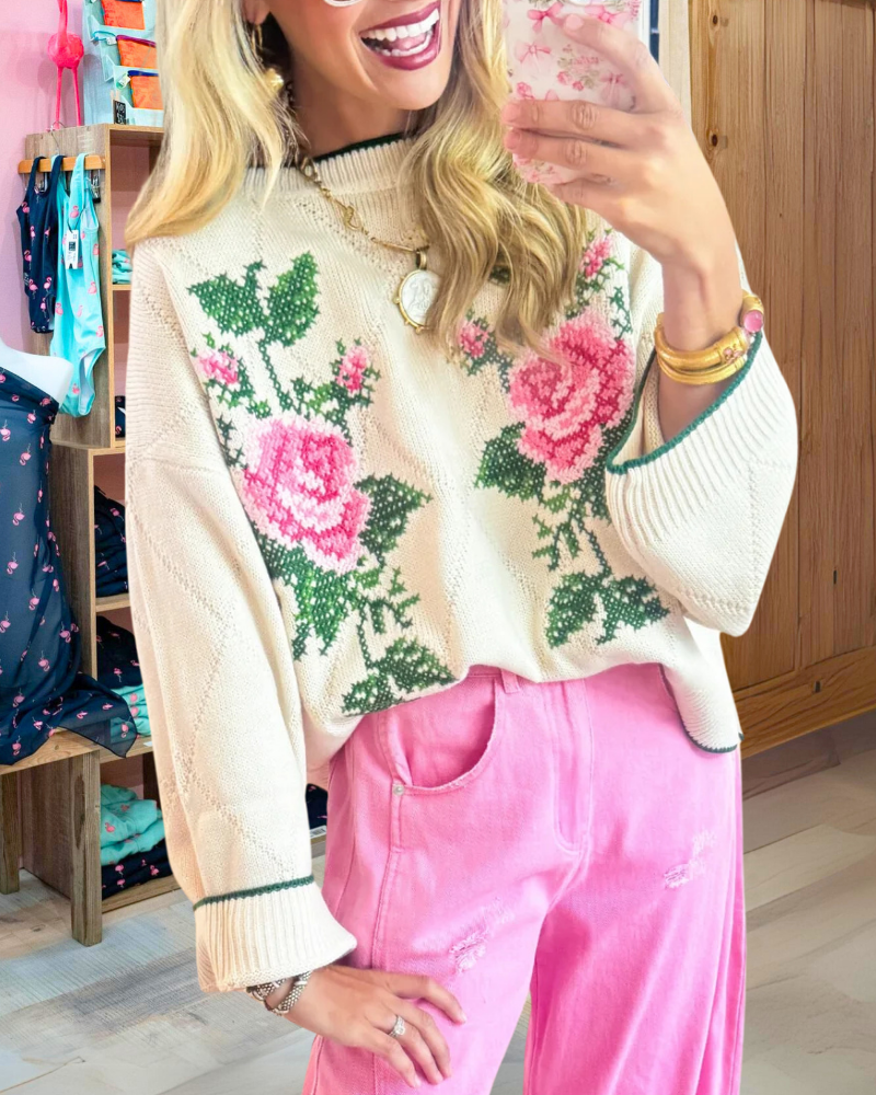 Charming Floral Knitted Sweater