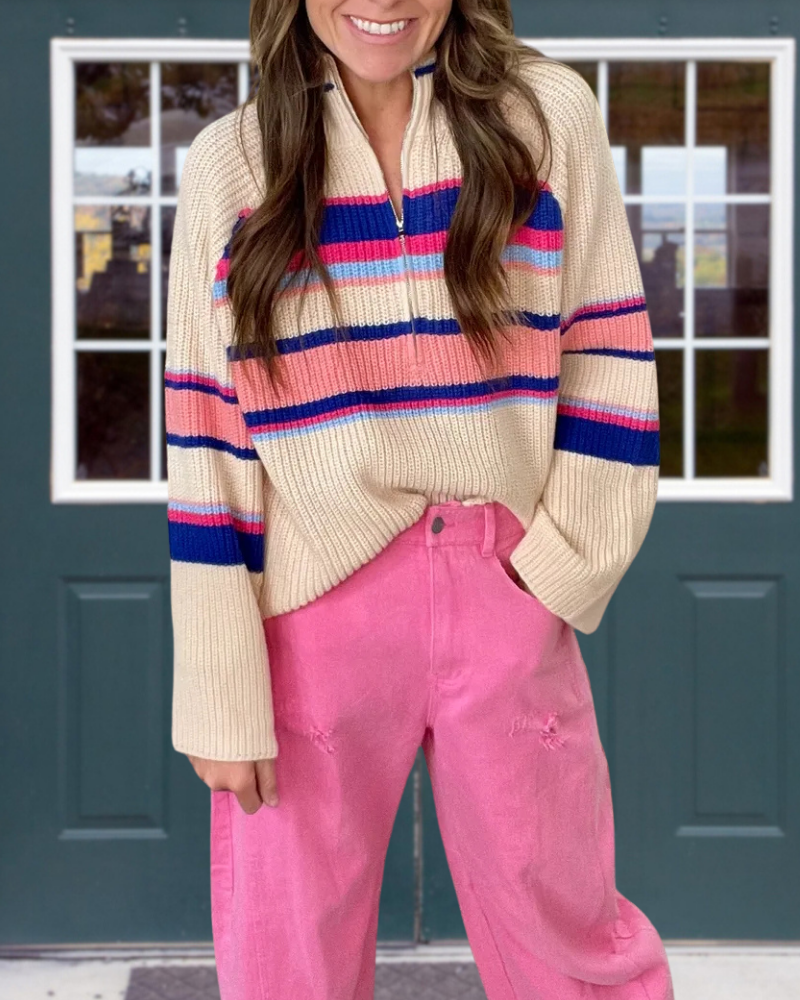 Retro Striped Half-Zip Pullover