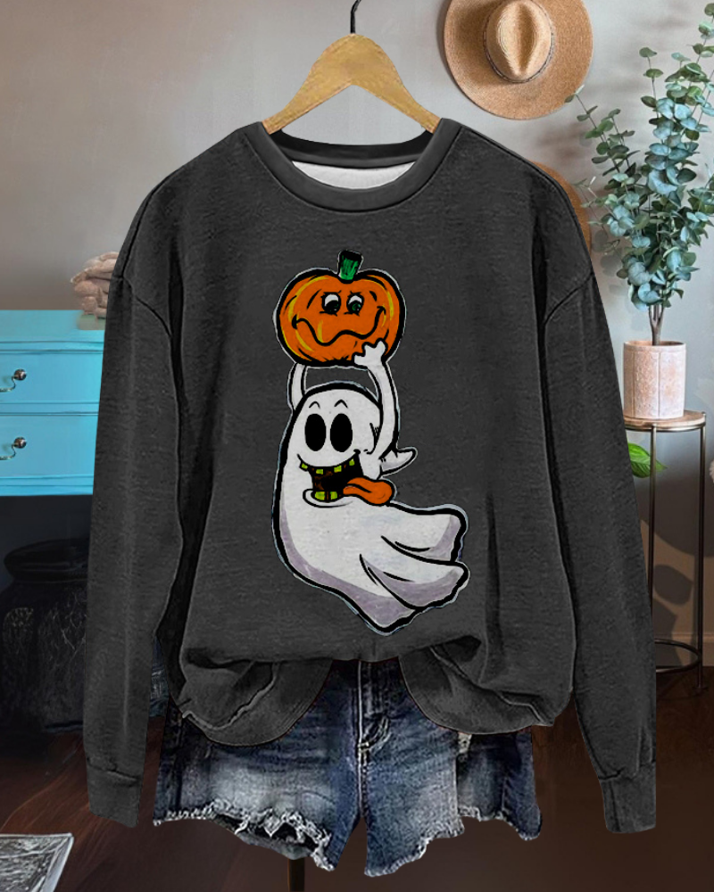 Playful Pumpkin Ghost Print Sweatshirt