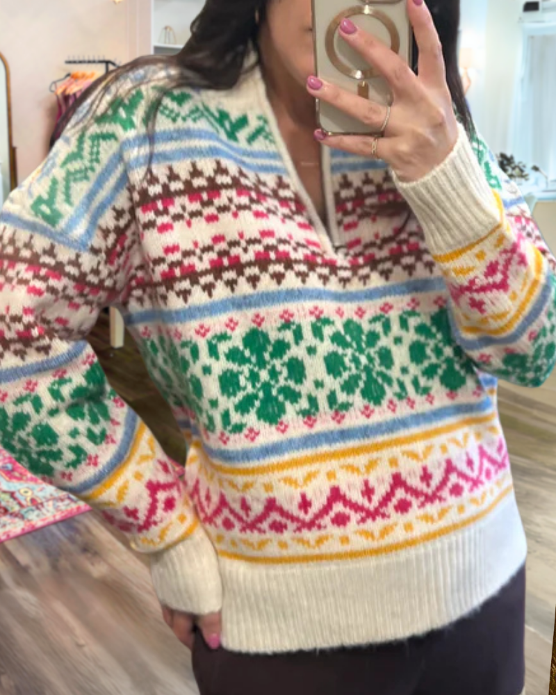 Floral Ribbed V-Neck Pullover