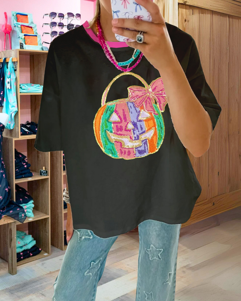 Colorful Pumpkin Butterfly Sequin Tee