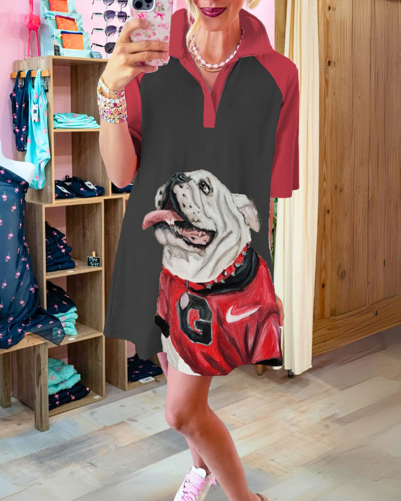 Bulldog Painting Contrast Dress