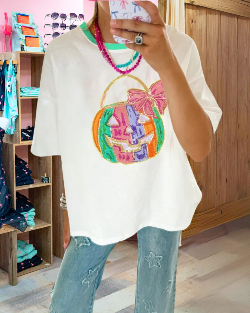 Colorful Pumpkin Butterfly Sequin Tee