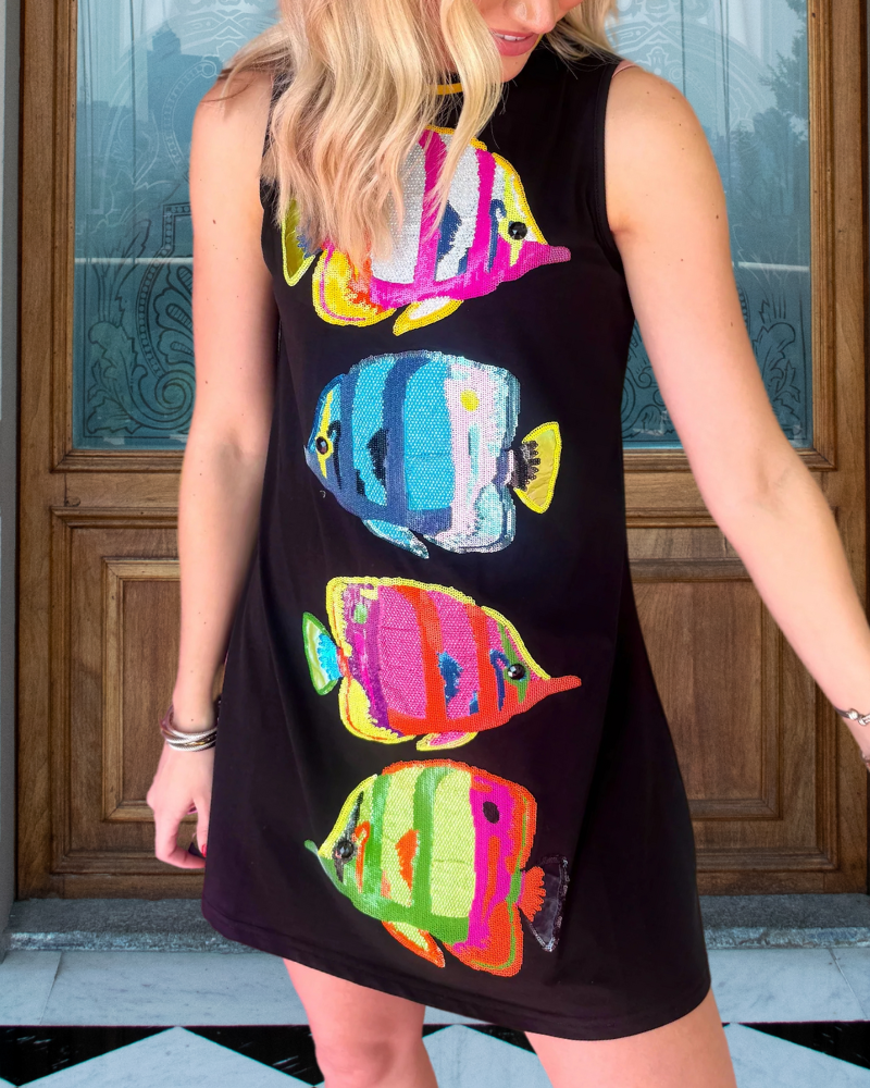 Tropical Fish Embroidered Mini Dress