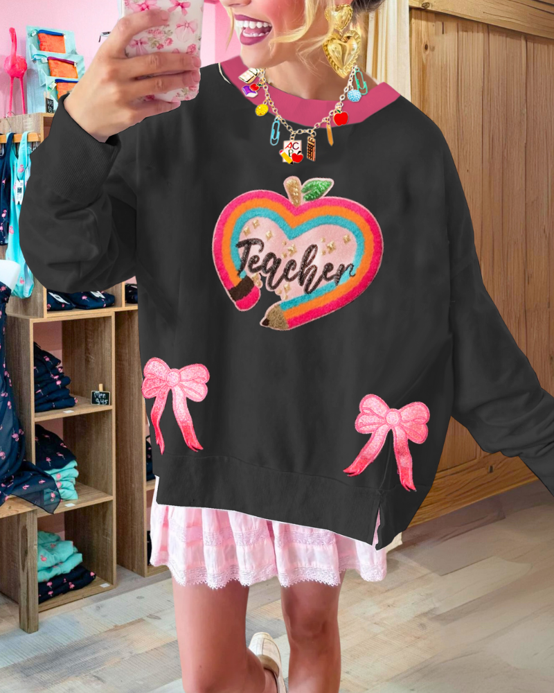Bow Embroidered Teacher Sweatshirt