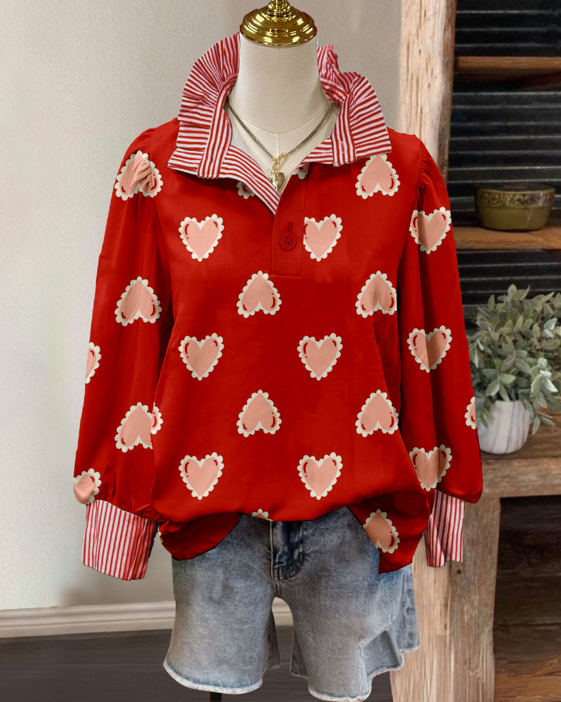 Cute Heart Stripe Trim Blouse