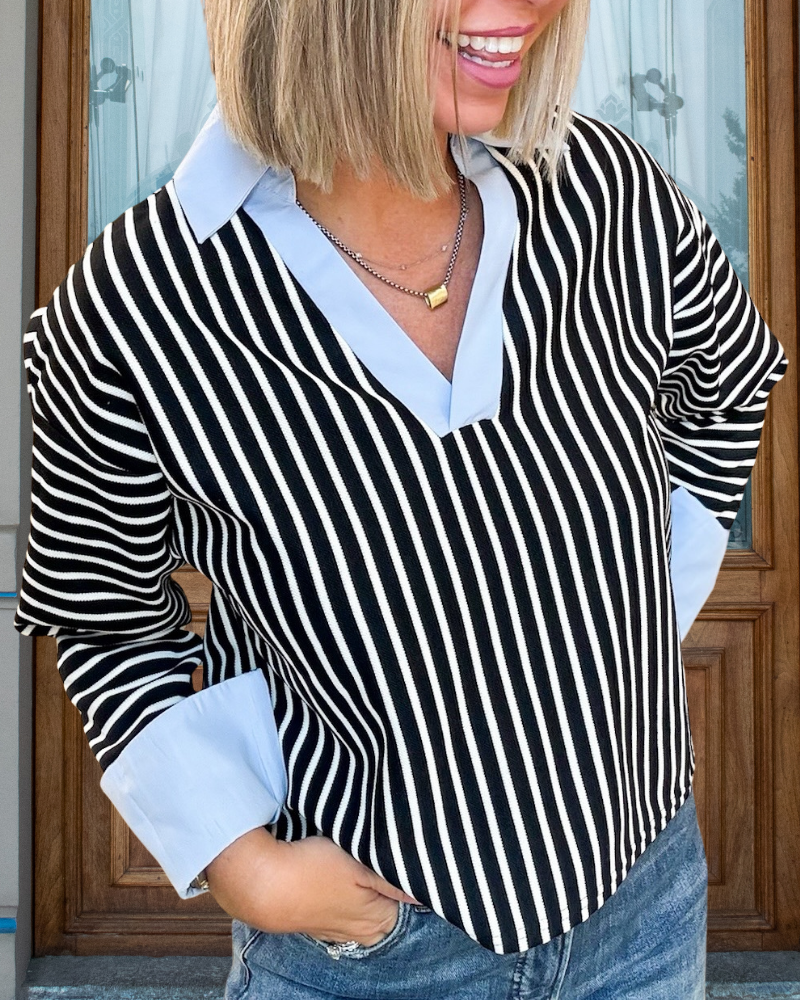 Elegant Contrast Trim Striped Top