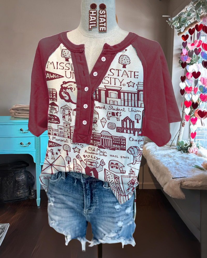 MSU Mixed Pattern Half Collar Button Top