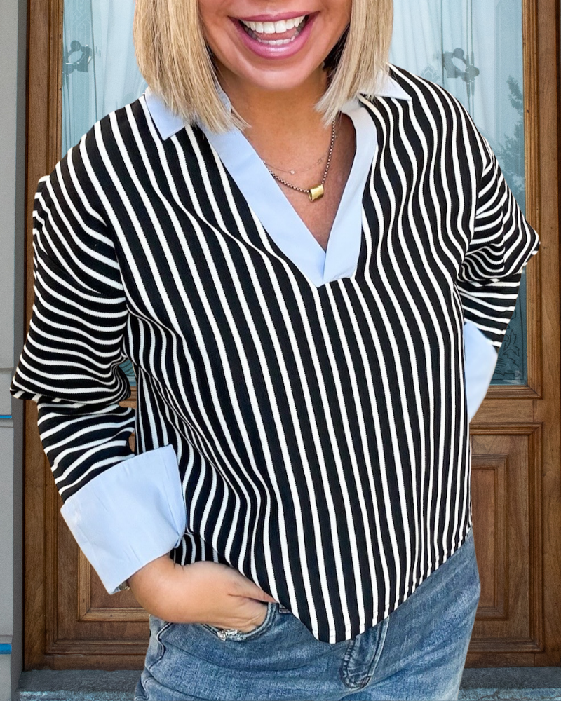 Elegant Contrast Trim Striped Top