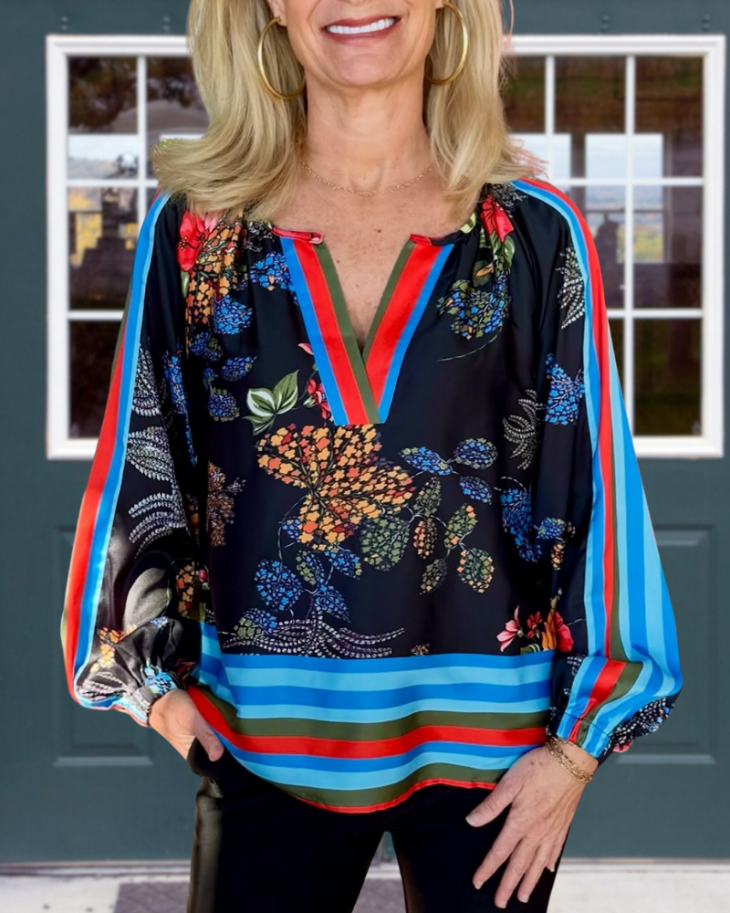 Floral Striped Satin V-Neck Top